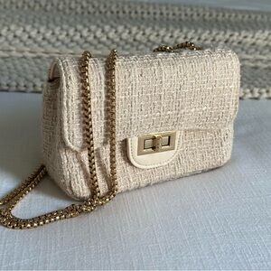 Girls Elegant Cream Tweed Chain Bag